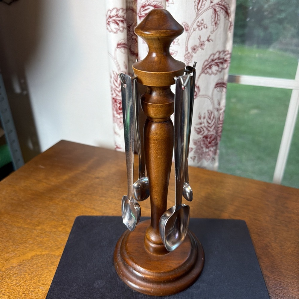 Vintage 60s Foley Stainless Steel Measuring Spoon Set Turned Wood Carousel Stand